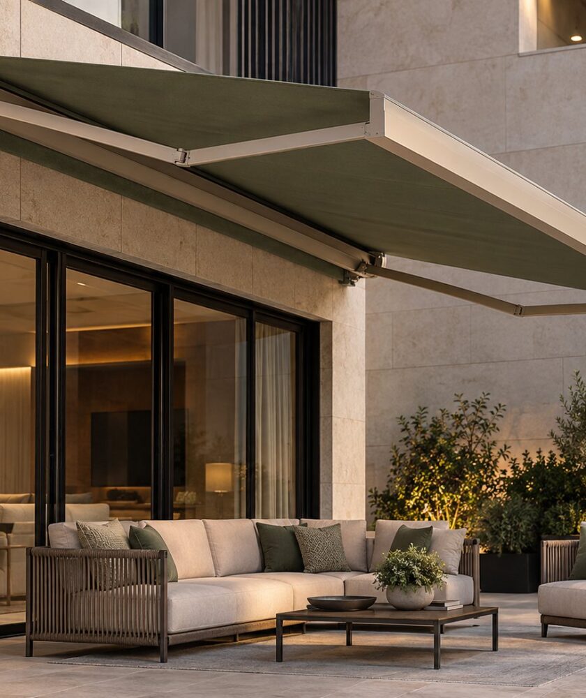 Toldo extensível com tela acrílica verde-oliva de elevada resistência UV